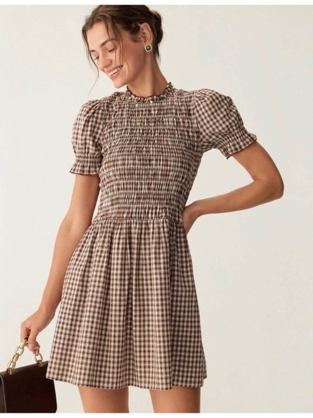 RIHOAS Brown Gingham Smocked Puff Sleeve Mini Dress